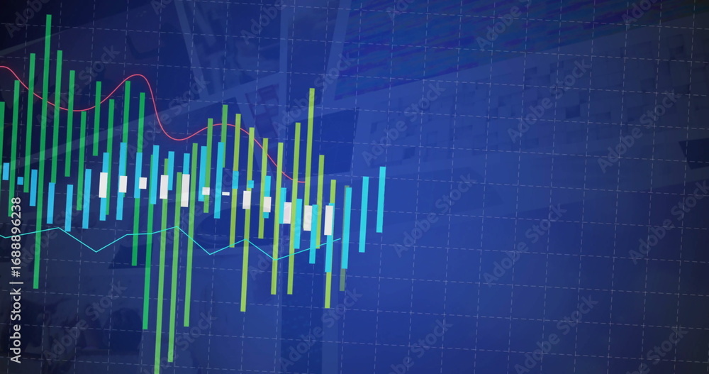 Aufkleber displaying chart on financial interface, with grid overlay, candlestick bars and red and cyan lines