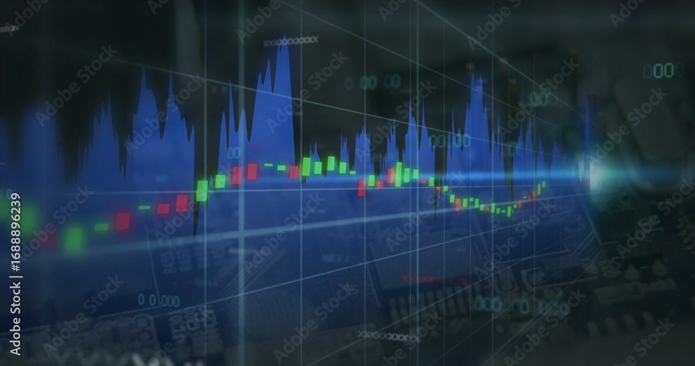Poster displaying candlestick chart updating on screen, with candles, blue peaks, 3d grid and numeric data
