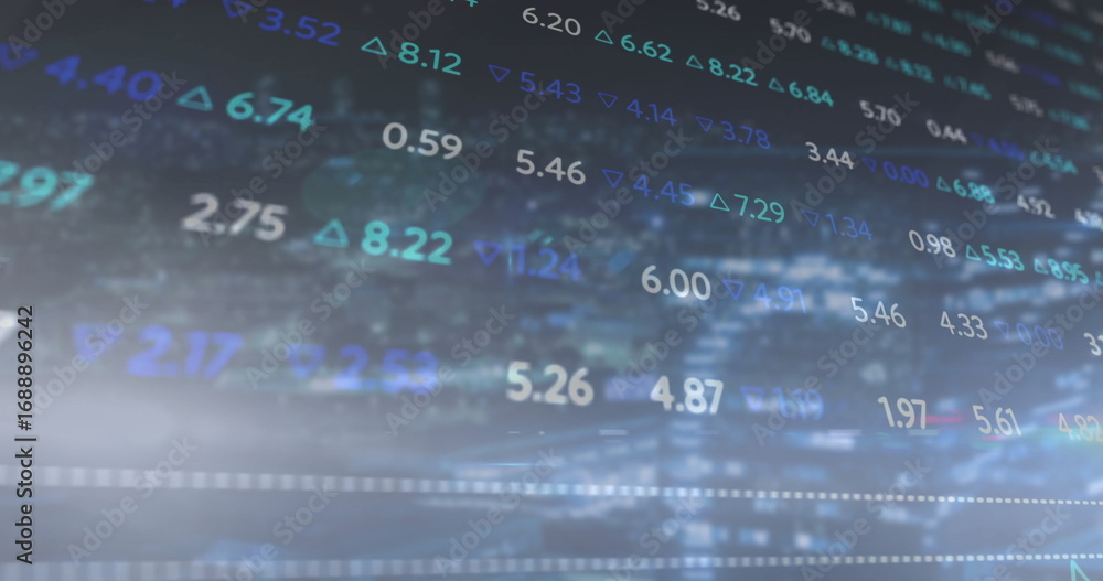 Poster displaying data interface showing numeric values and arrows in blue background, market metrics
