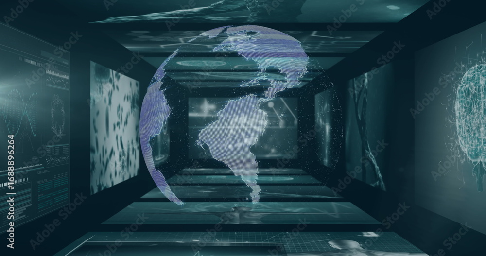 Poster hovering holographic globe displaying grid continents in corridor, with digital panels and charts