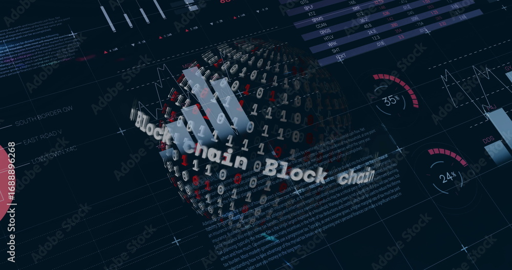 Fototapete displaying 3d binary digit sphere floating over blockchain dashboard, with charts and tables