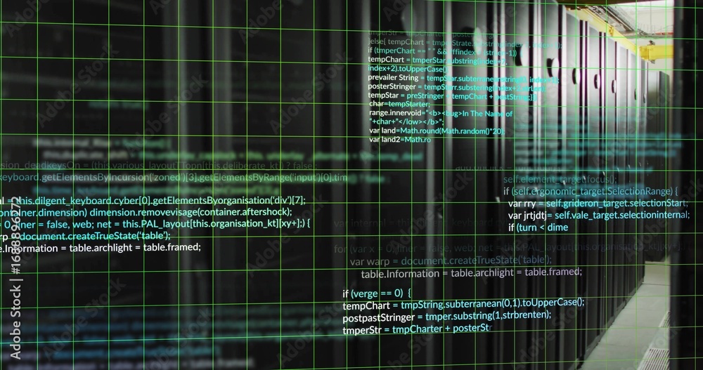Poster displaying server racks shimmering in data center corridor, with code overlay, led status lights