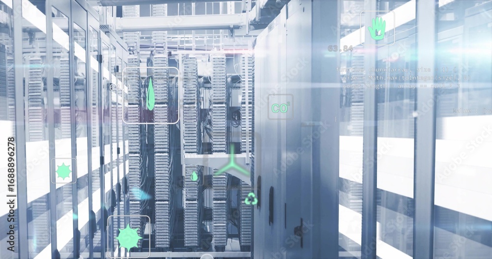 Poster displaying server racks showing status lights in data center aisle, with co2 recycling icons