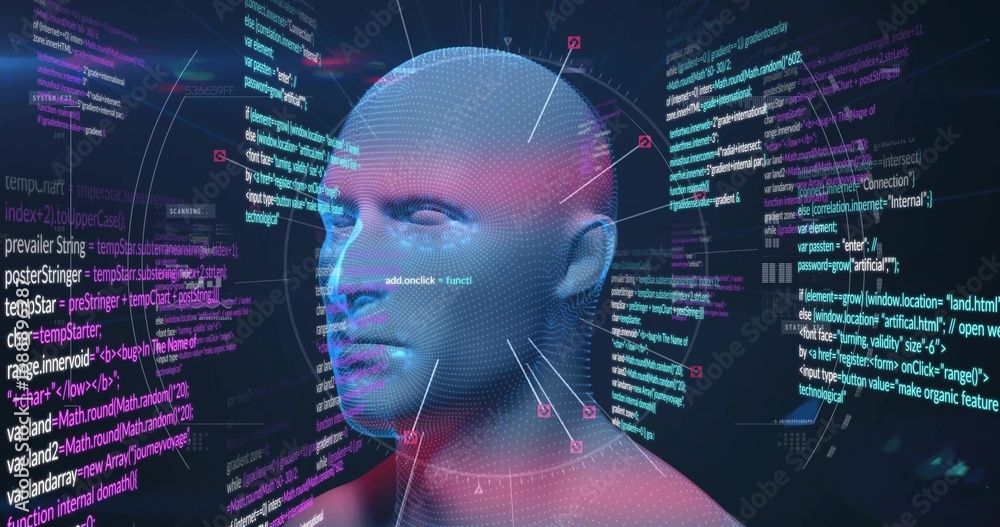 Poster floating glowing 3d mesh head model in virtual interface, showing code panels arrows index labels