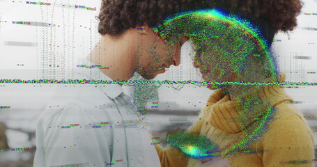 Couple touching heads wearing white shirt yellow top in home with multi pane window, glitch overlay
