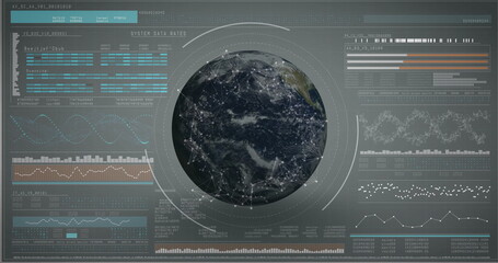 Displaying 3D-rendered globe with network nodes and panels in control center, with waveform charts