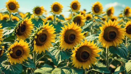 Fototapeta premium Bright sunflowers in full bloom under a clear sky, capturing the vibrant beauty of nature during summer.