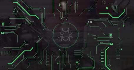Glowing stylized bug icon pulsing at center on simulated digital interface, with circuit traces