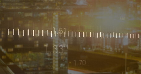 Displaying horizontal gauge overlay spanning riverside skyline at dusk, with tick marks and numbers