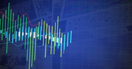 Displaying chart on financial interface, with grid overlay, candlestick bars and red and cyan lines