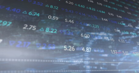 Displaying data interface showing numeric values and arrows in blue background, market metrics