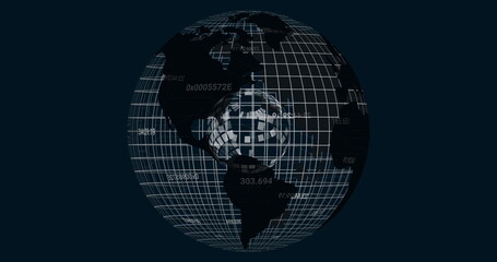 Displaying 3D Earth sphere in abstract space with grid lines, data codes and central hub graphic