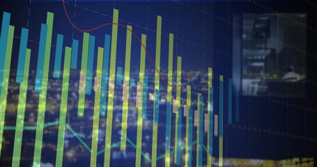 Trading screen displaying bar chart and red, teal line graphs, reflecting city lights and monitor