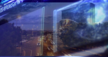 Showing blurred street at dusk creating moving car light trails, with trees, glass tower, holograms