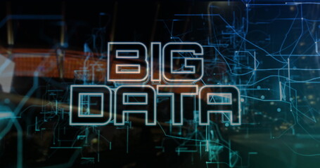 Displaying glowing BIG DATA text over lit control room background, with teal and orange circuits