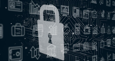 Displaying padlock hovering over digital interface, with briefcase, chart, envelope and gear icons