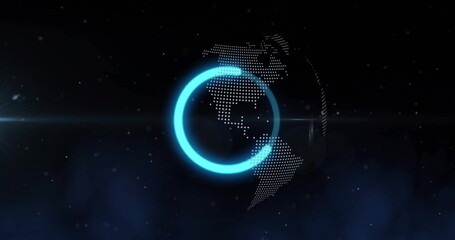 Rotating dotted globe of Earth in outer space, with blue progress ring, lens flare and particles