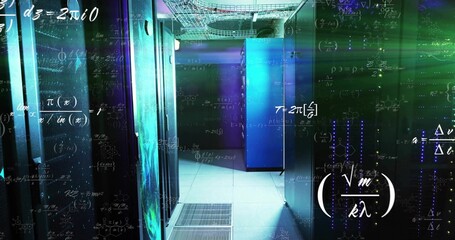 Glowing server racks lining data center corridor, above raised vents showing LEDs and formulas © vectorfusionart