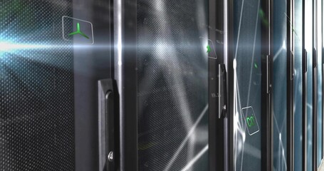 Showing perforated cabinet door displaying digital green propeller icon in server room, copy space
