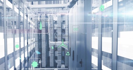 Displaying server racks showing status lights in data center aisle, with CO2 recycling icons