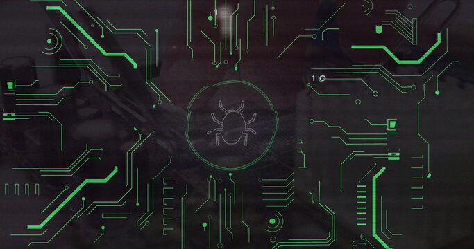 Glowing stylized bug icon pulsing at center on simulated digital interface, with circuit traces