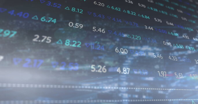 Displaying data interface showing numeric values and arrows in blue background, market metrics