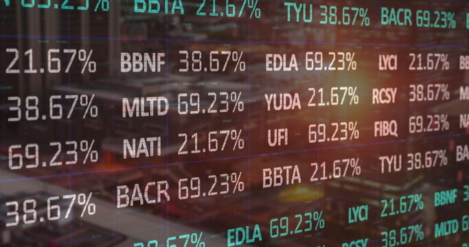 Streaming stock ticker overlay showing percentages over blurred desk, with laptop keyboard monitors