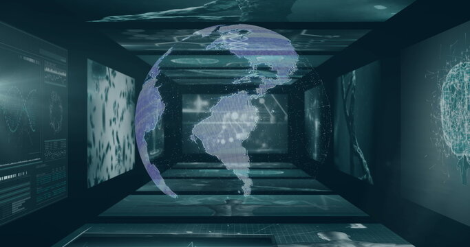 Hovering holographic globe displaying grid continents in corridor, with digital panels and charts
