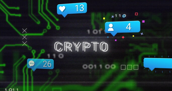 Displaying stylized CRYPTO text on digital interface, with notifications on glowing binary circuits