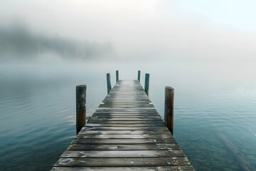 Fototapeta premium Serene Dock on Misty Lake with Tranquil Waters and Nature Reflections in Scenic Environment