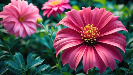 Fototapeta premium Bright pink flowers with green foliage in a garden scene.