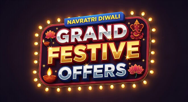 Navratri diwali festival sale shopping logo with Grand Festive offers 3d typography and retro lights decoration.