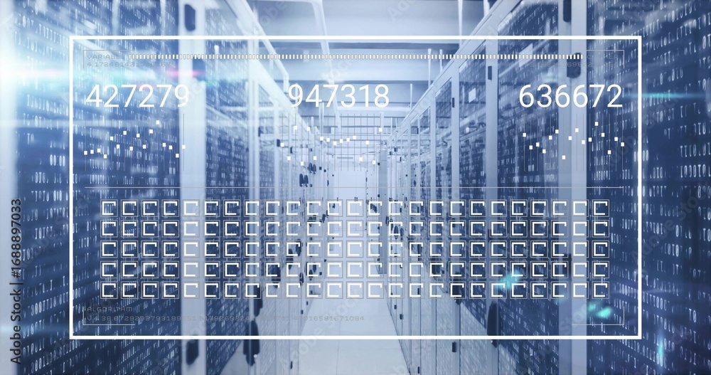 Poster long narrow server rack corridor showing binary code overlays in data center, with network cables