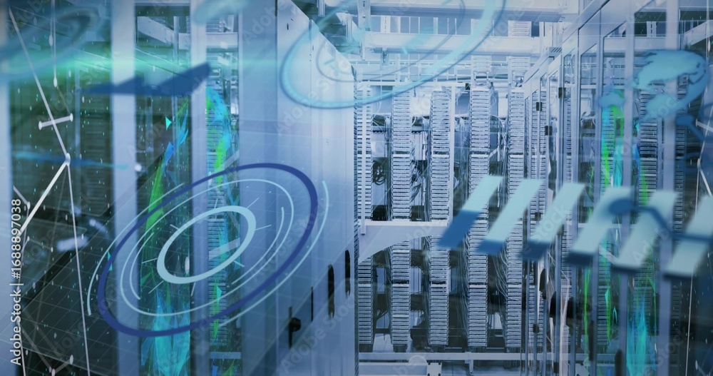 Aufkleber displaying server racks operating in data center, with network switches and holographic overlays