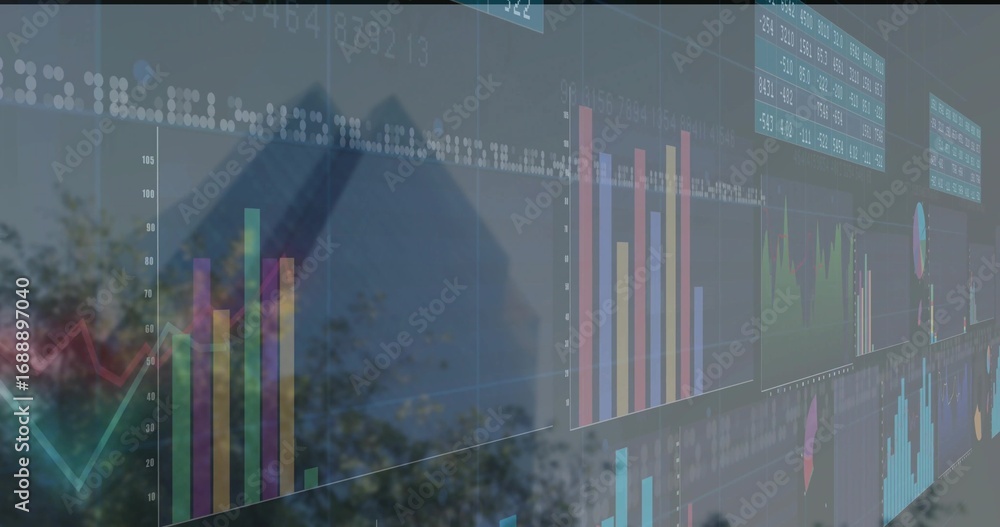 Poster displaying panels showing bar charts and numeric tickers on outdoor glass, reflecting trees
