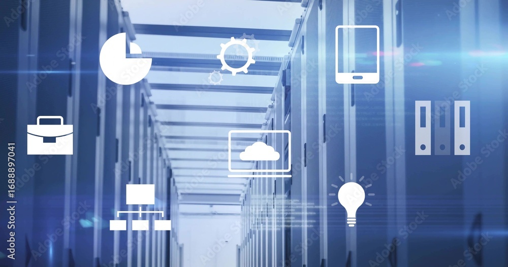 Aufkleber showing walkway flanked by server racks in data center under cable trays with floating tech icons