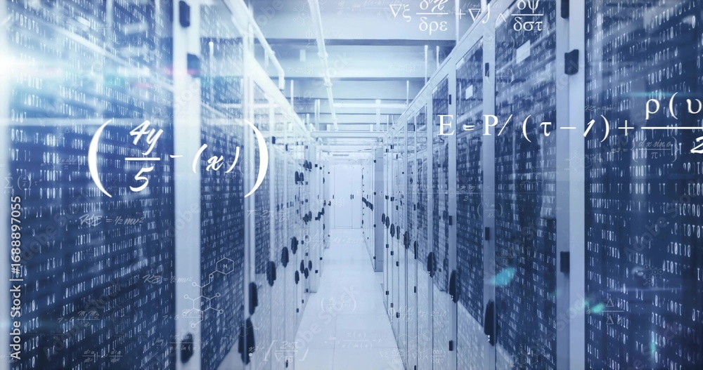 Poster streaming binary math overlays in data center corridor lining server racks blinking leds and cables