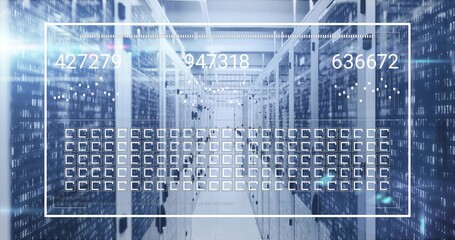 Long narrow server rack corridor showing binary code overlays in data center, with network cables