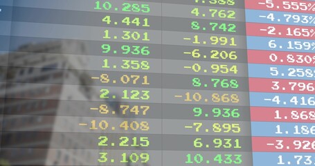 Displaying digital financial ticker overlaying office facade windows, with colored number columns