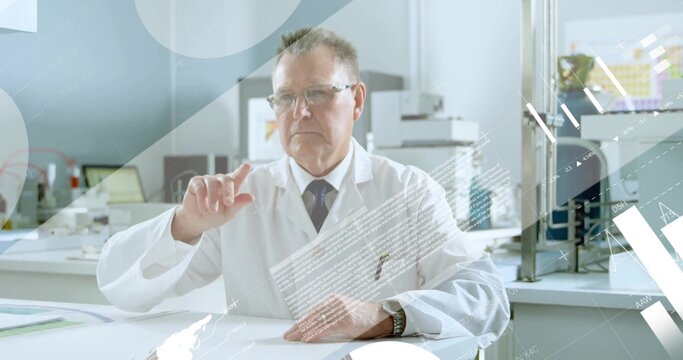 Senior scientist wearing lab coat and tie using data overlays at lab bench, with glassware