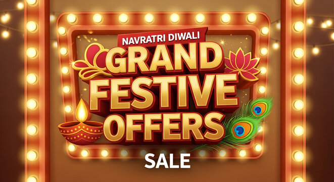 Navratri diwali festival sale shopping logo with Grand Festive offers 3d typography and retro lights decoration.