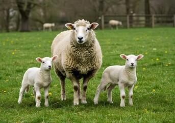 Obraz premium A mother sheep stands proudly with her two playful lambs in a lush green field on a sunny day