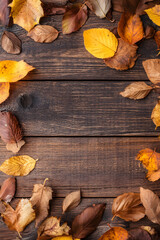 Autumn Leaves Background: Rustic Wooden Fall Texture with Colorful Foliage Pattern