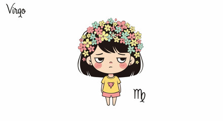 Cute Virgo Zodiac Sign Cartoon Girl with Flower Crown Illustration