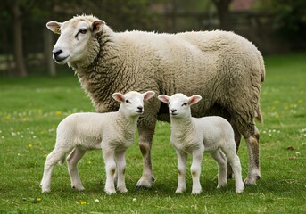 Fototapeta premium A mother sheep stands proudly with her two playful lambs in a lush green meadow under a clear sky