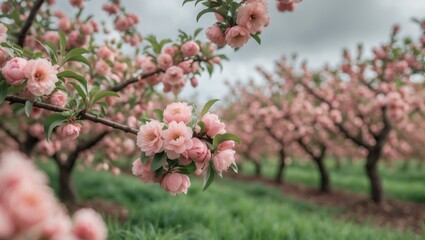 Fototapeta premium A row of peach blossoms in full bloom on trees with green grass underneath and a cloudy sky in the background.