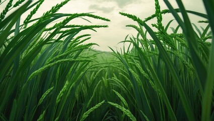 Fototapeta premium Green rice plants growing in a lush field with a cloudy sky in the background. Agriculture and crop cultivation. The natural environment and farming landscape.