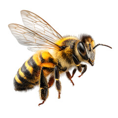 Black and yellow honeybee shows layered textures and detailed wings, ideal for biology visuals, educational content, or scientific illustrations.
