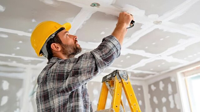 Worker on ladder patching ceiling drywall safety helmet