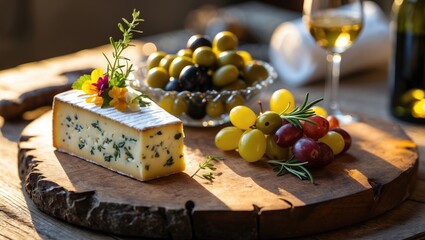 Cheese wedge with herbs and fresh grapes on a wooden board, with a glass of white wine in the background.
